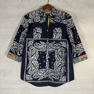 TIZZIE  All Over Print Cape Cod Bandanna Navy Shirt Button Up Flip‎ Cuff Size M